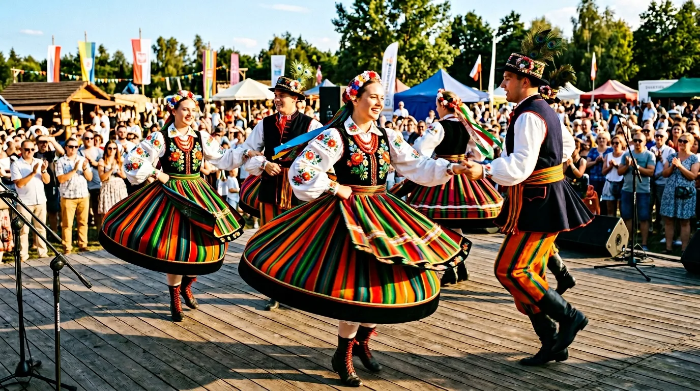 Tancerze w strojach regionalnych podczas polskiego festiwalu folkloru