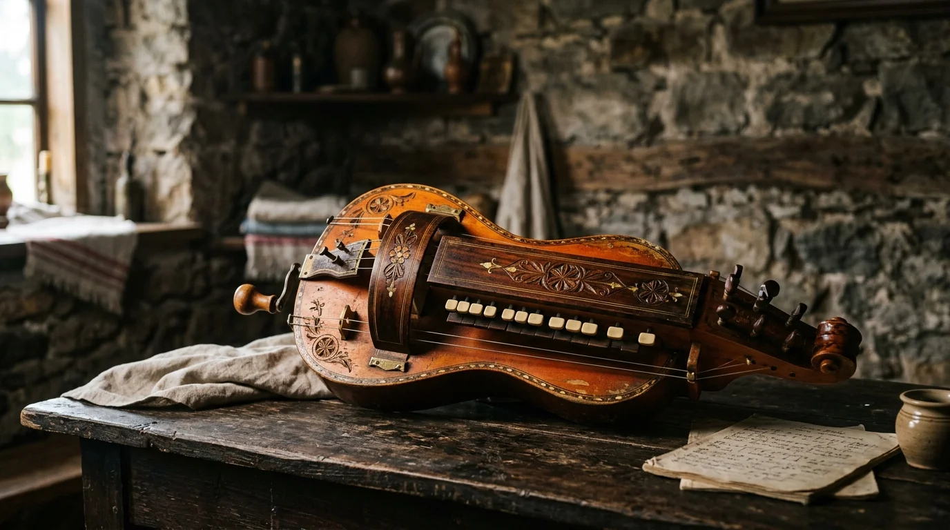 Lira korbowa - średniowieczny instrument strunowy z korbą i klawiszami