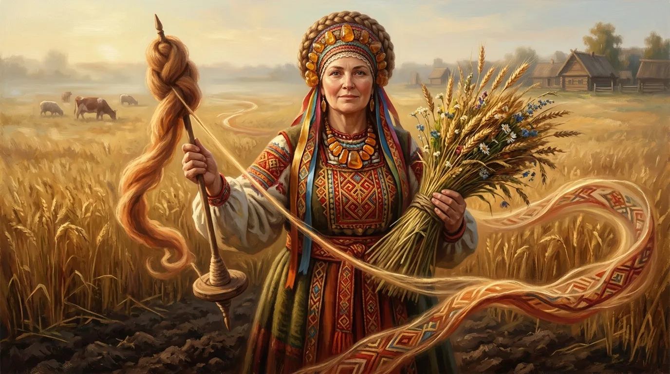 Mokosz - słowiańska bogini-matka płodności i przędzalnictwa, z wrzecionem i snopem zboża w stroju ludowym na tle pola