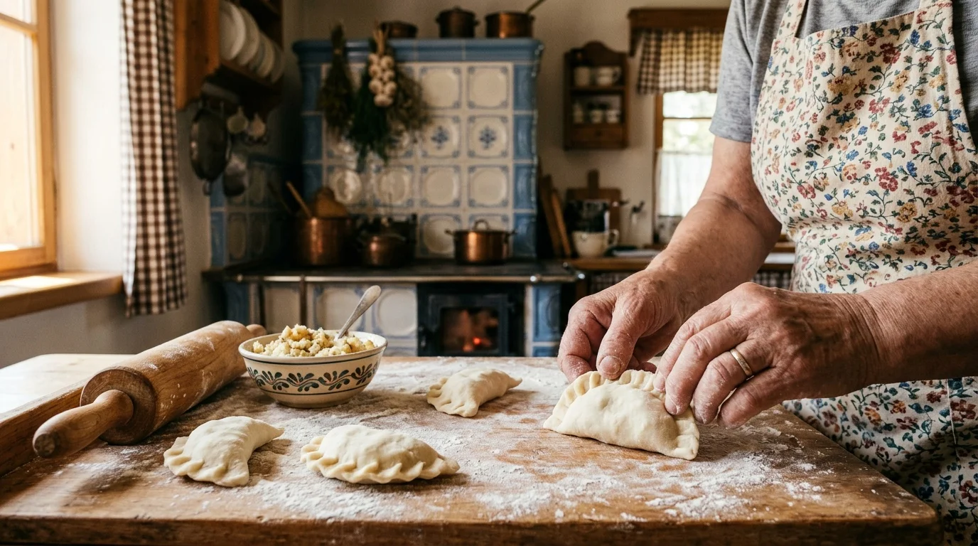 Ręczne formowanie pierogów ruskich - lepianka na mącznej stolnicy