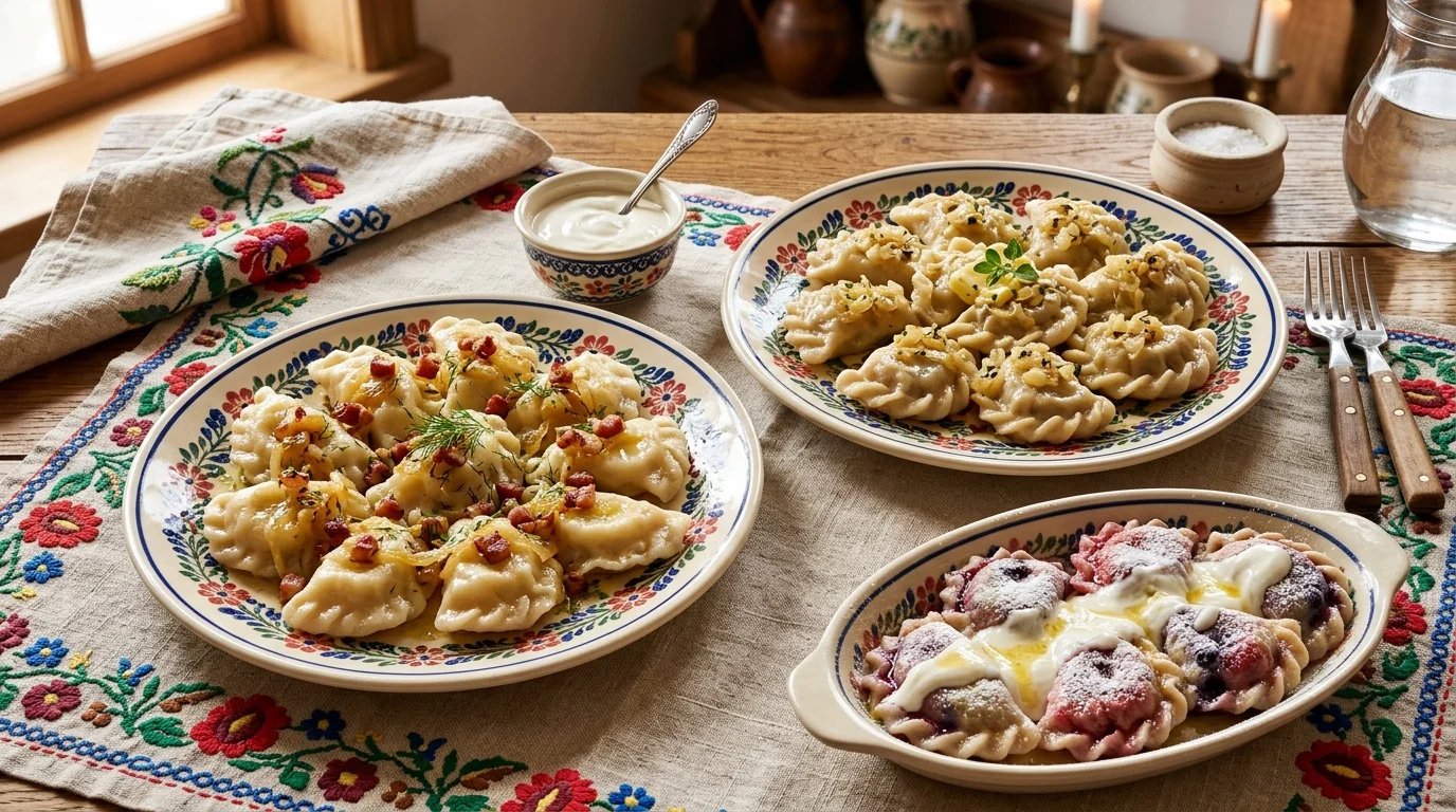 Talerz z pierogami różnych rodzajów - ruskie, z kapustą, słodkie z owocami