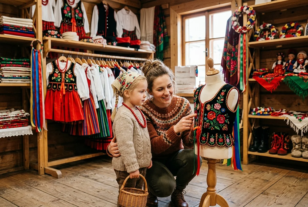 Mama z dzieckiem przymierzającym kolorowy strój regionalny w sklepie z polskim rękodzielnictwem