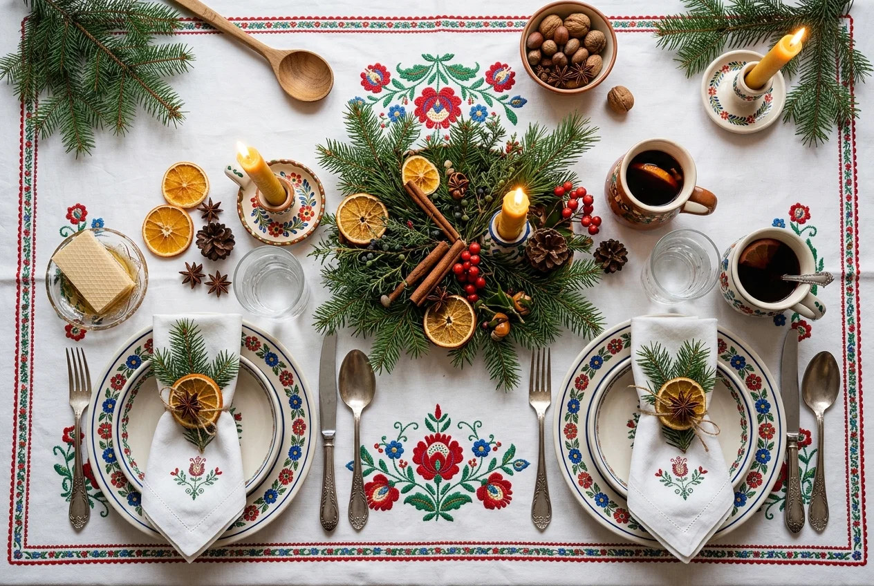 Elegancki stół wigilijny z lnianym haftowanym obrusem, ceramicznymi lichtarzami i naturalnym stroikiem z gałązek świerku i suszonych pomarańczy