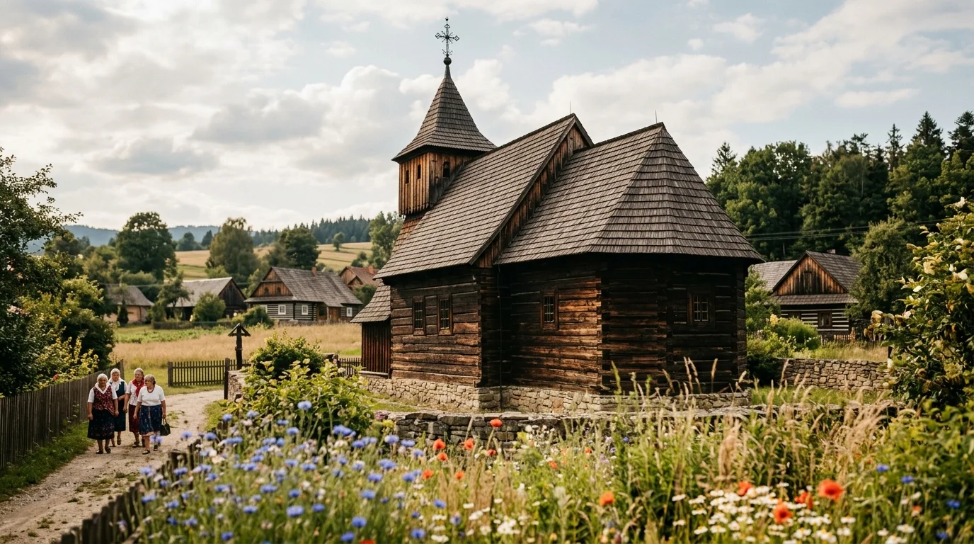 Drewniany kościół z XV wieku w małopolskiej wsi - kamienny fundament, gontowy dach i krzyż wieżyczkowy
