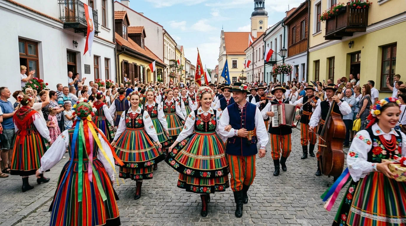 Kolorowy korowód weselny w strojach łowickich na ulicy Łowicza