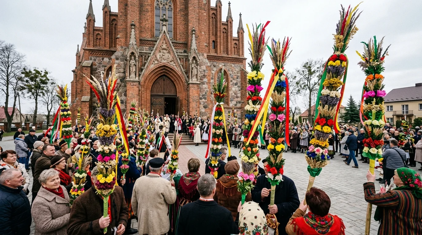 Palmy wielkanocne przed kościołem w Niedzielę Palmową