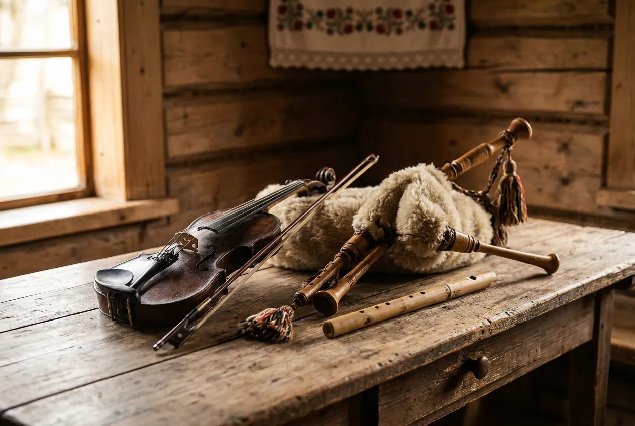 Tradycyjne instrumenty góralskie - skrzypce, dudy podhalańskie i drewniana fujarka
