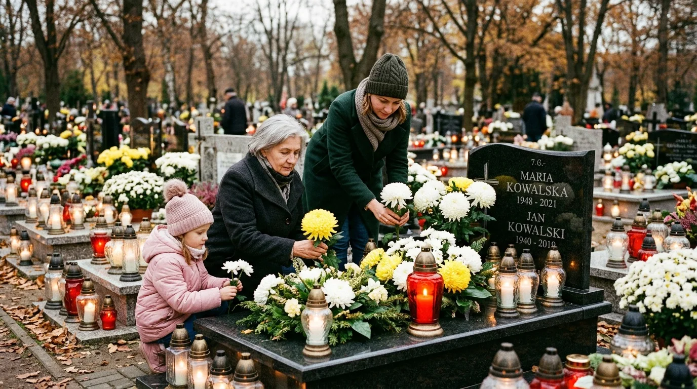 Rodzina składająca kwiaty i zapalająca znicze na grobie w dniu Wszystkich Świętych