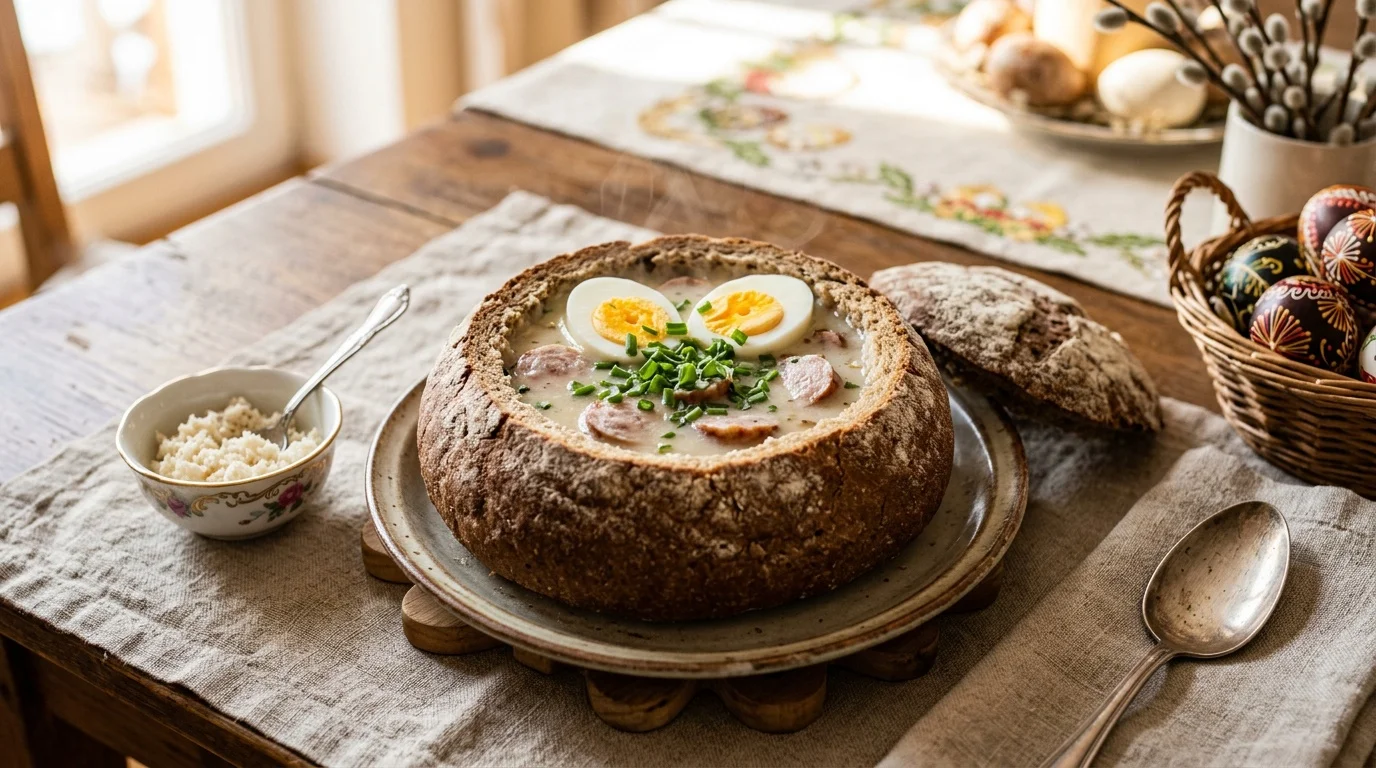 Żurek podany w chlebowym bochenku z białą kiełbasą i jajkiem